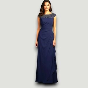 MSK Evening Gown Women 14 Navy Blue Excellent Beaded Neckline Ruched Maxi Dress